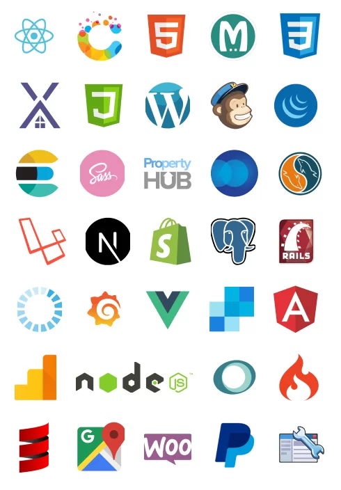 A grid of the logos of tools used by SoftwareSeni including ReactJS, Node, FireBase, Shopify, Angular, Vite, NextJS, WordPress, MailChimp, WooCommerce and more.