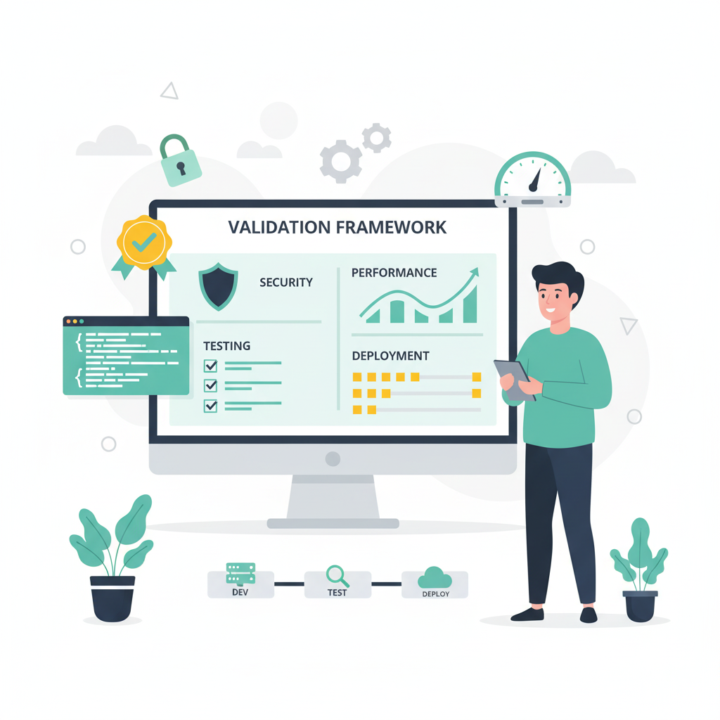 Graphic representation of the topic Ensuring AI-Generated Code is Production Ready - The Complete Validation Framework