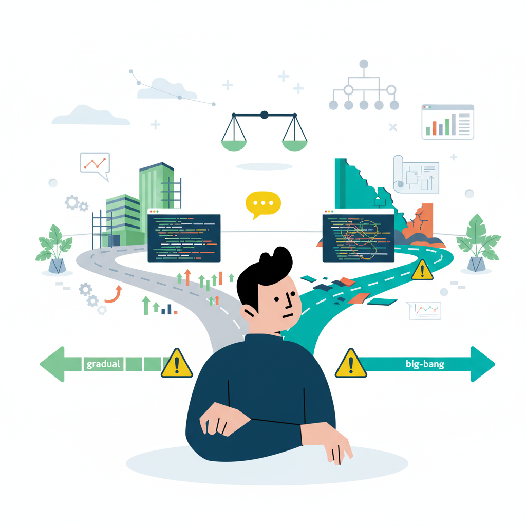 Refactor vs Rewrite - Legacy System Modernisation Decision Framework illustration showing the choice between incremental refactoring and complete rewrite