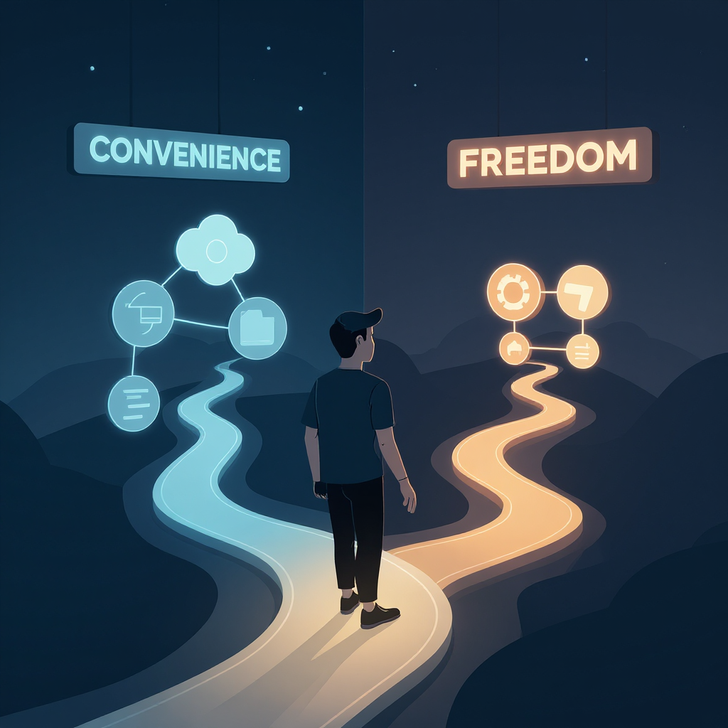 Visual representation of the trade-off between proprietary convenience and open-source freedom in technology choices