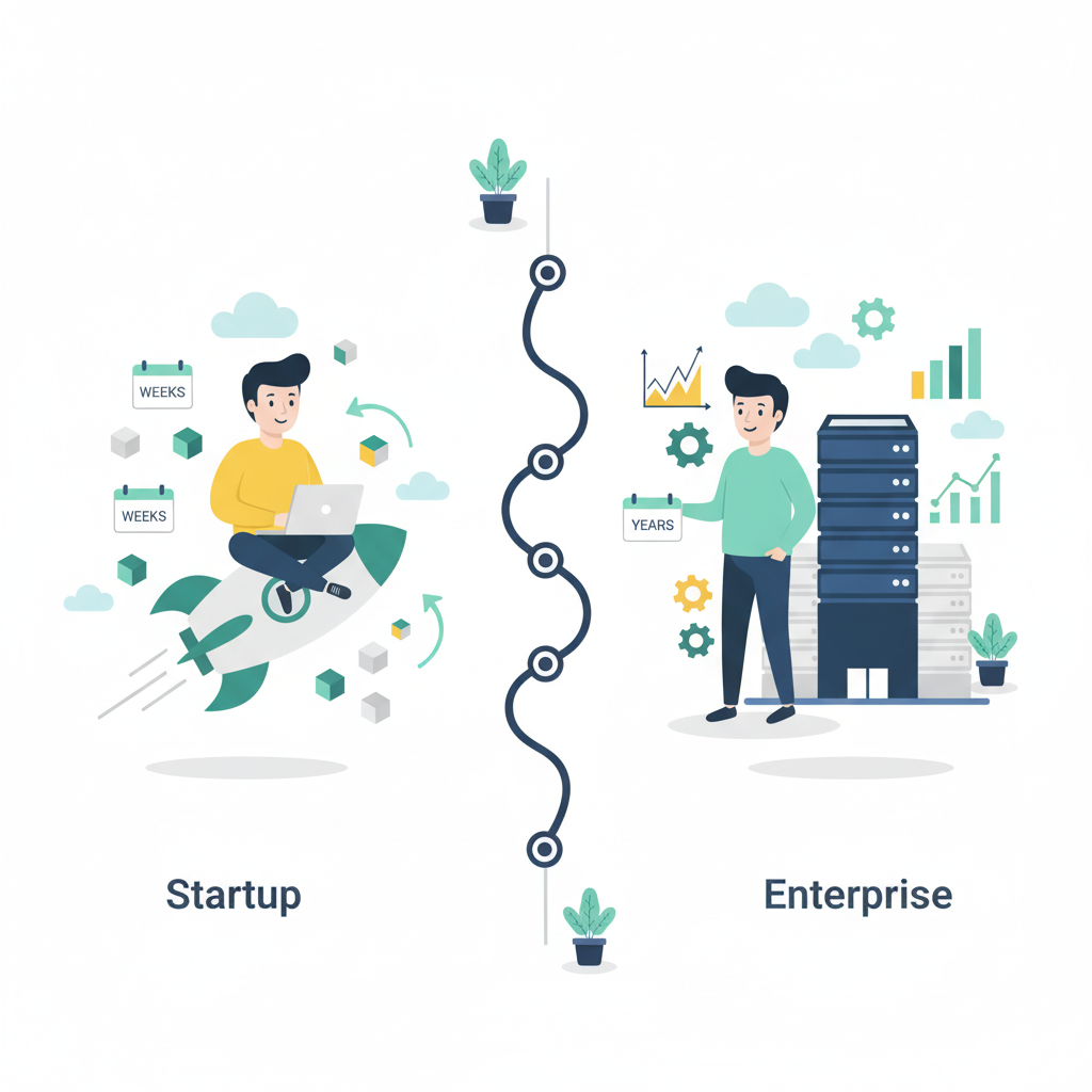 Graphic representation of the topic Comparing 6-Week Startup Pivots to 10-Year Enterprise Platforms