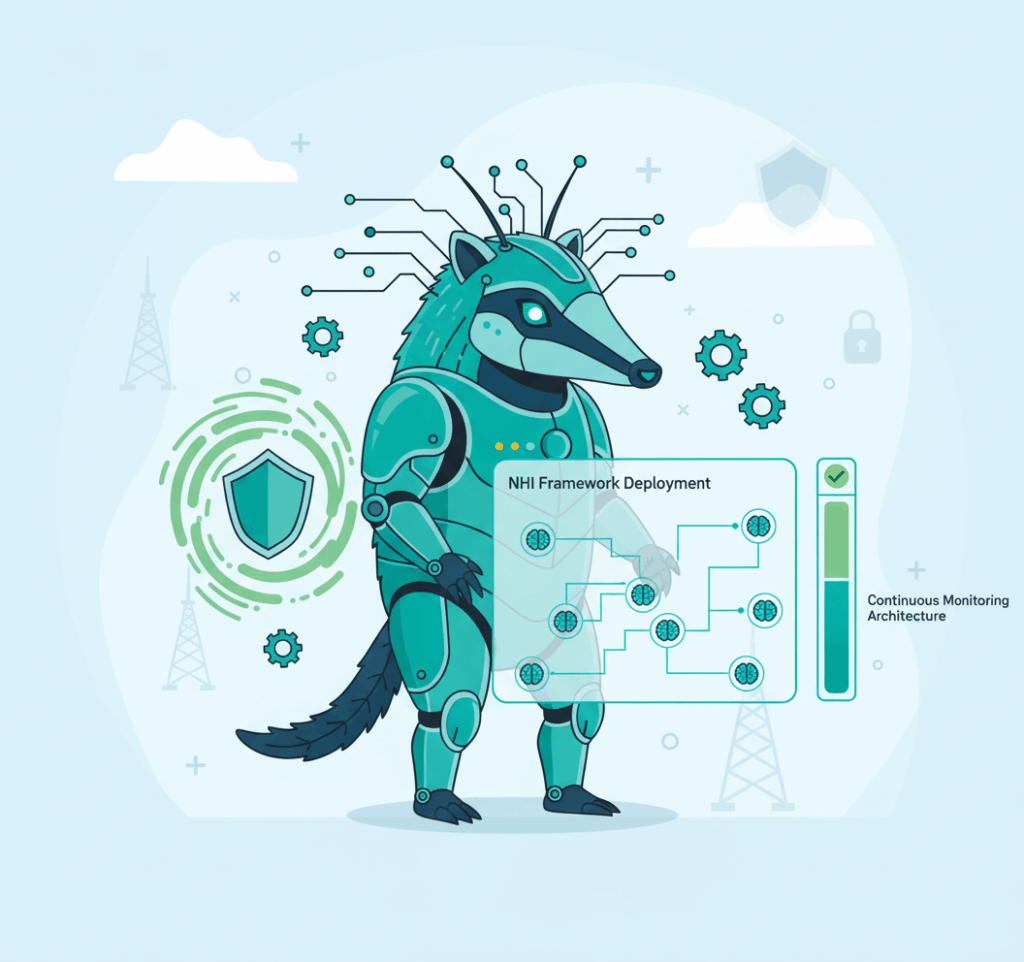 Graphic representation of OpenAI Aardvark autonomous security agent deployment with NHI framework and continuous monitoring