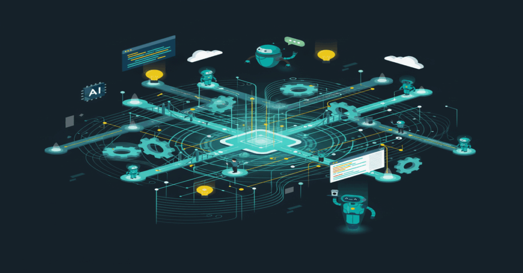 AI agents and autonomous systems navigating interconnected pathways representing intelligent decision-making and orchestration