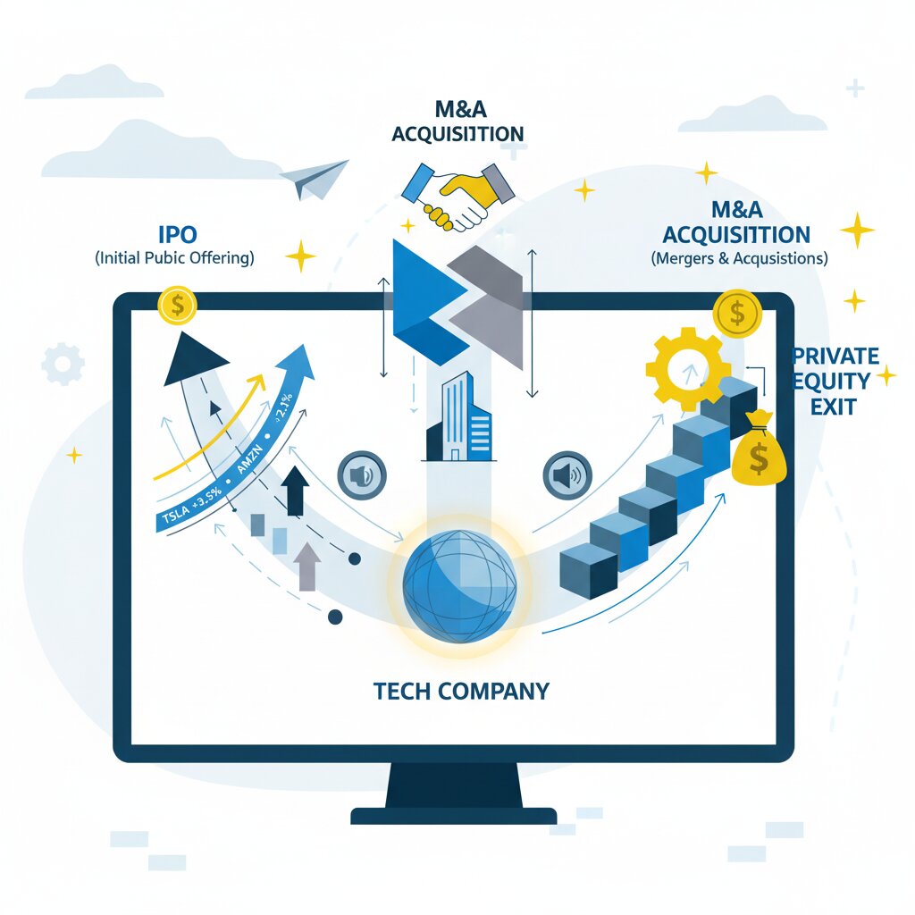 Graphic representation of the topic IPO vs Acquisition vs Private Equity Comparing Tech Company Exit Paths