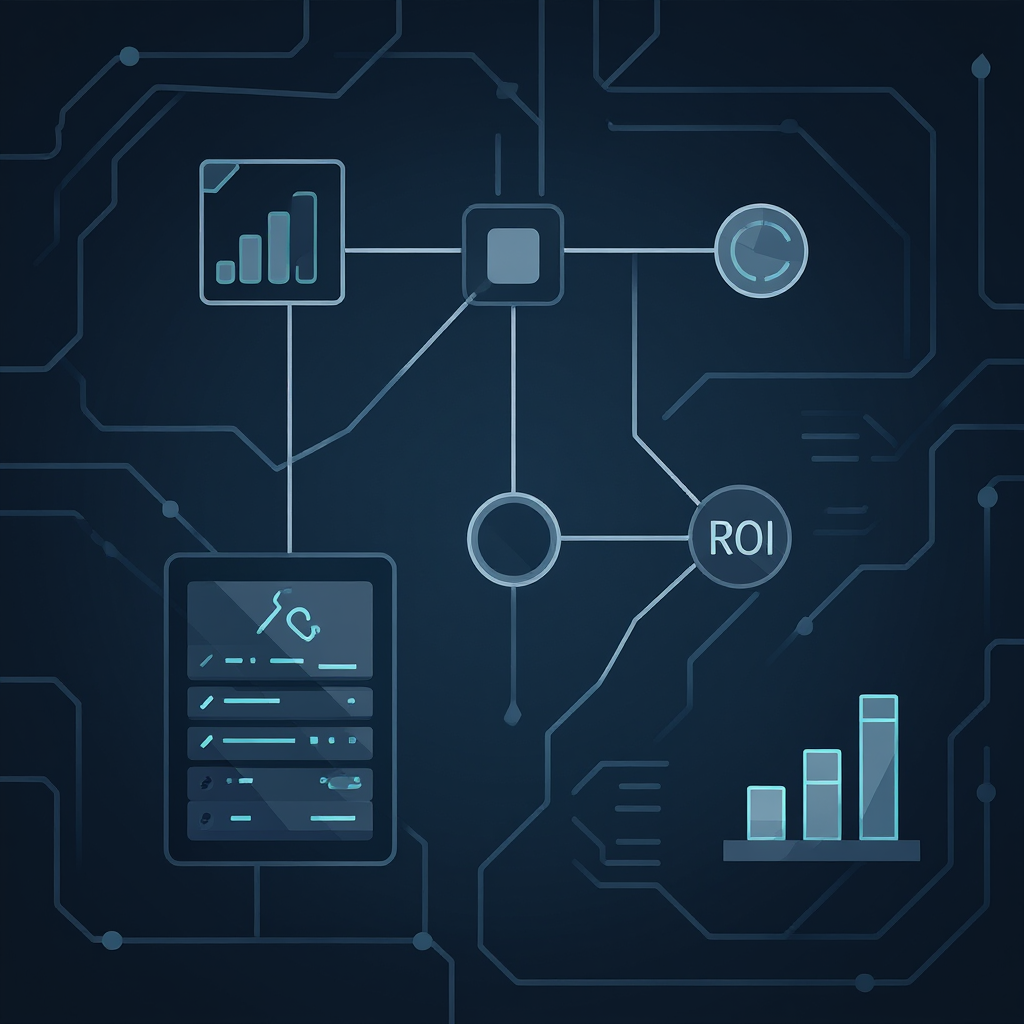 AI infrastructure investment challenge visualization showing data centers, network infrastructure, and ROI metrics