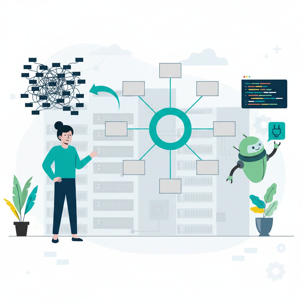 Graphic representation of how MCP reduces AI tool integration from M×N custom connectors to M+N standard interfaces