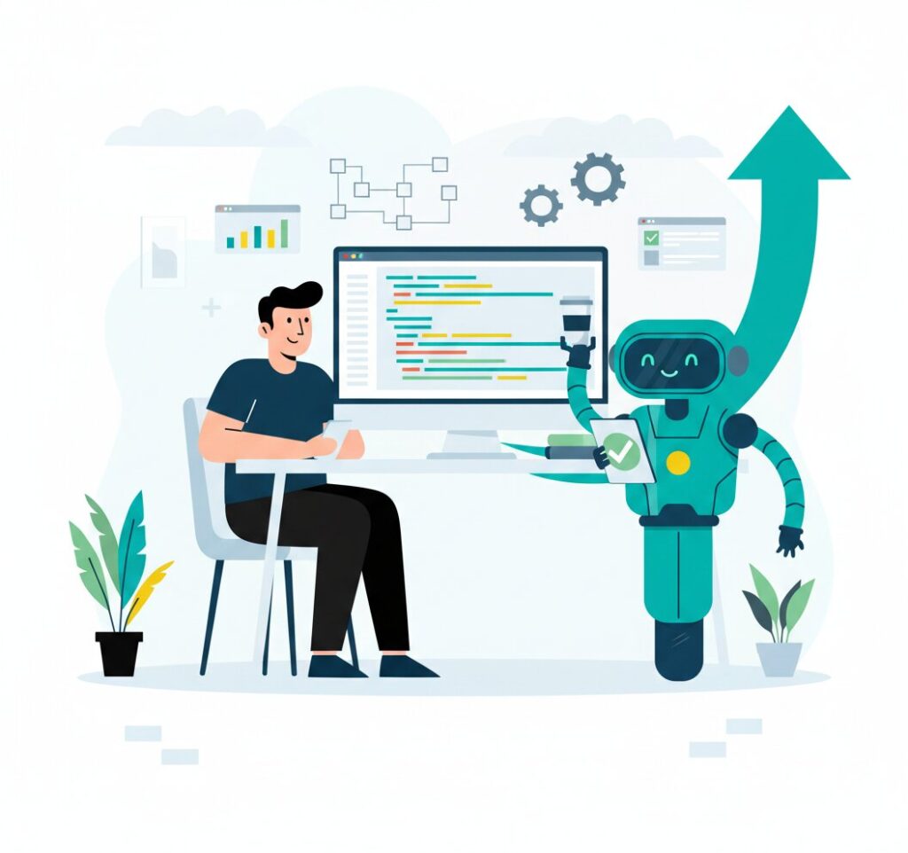 Graphic representation of the topic Build vs Buy AI Coding Agents and How to Measure the Return on Investment