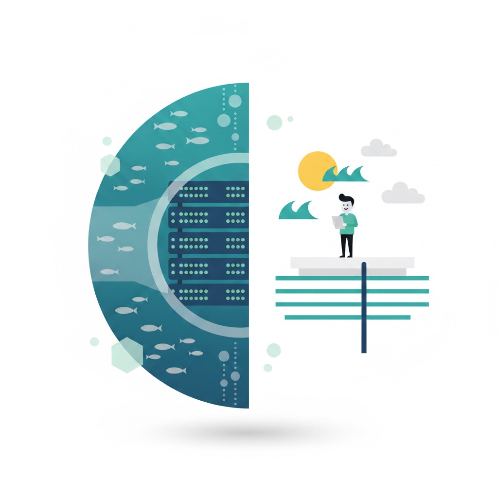 Illustration: underwater data centre and Microsoft Project Natick comparison