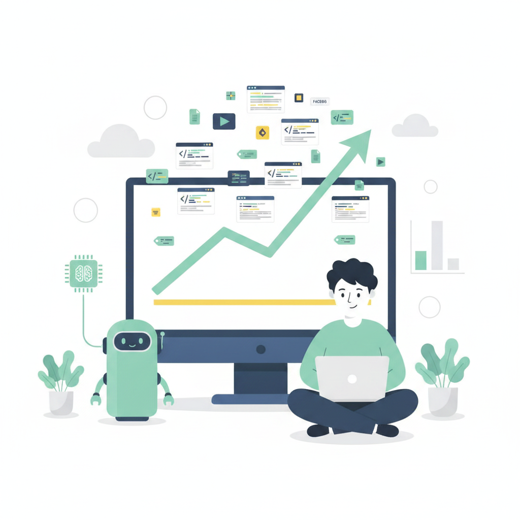 Flat vector illustration of a person at a monitor showing an upward-sloping app-supply line against a flat usage line, with floating code windows and an AI assistant — illustrating the SaaS-pocalypse gap between code production and shipped releases.