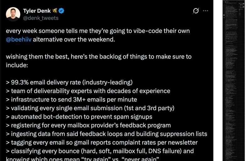 Tyler Denk tweet listing the backlog needed to build a beehiiv alternative, with the full list shown scaled down on the right