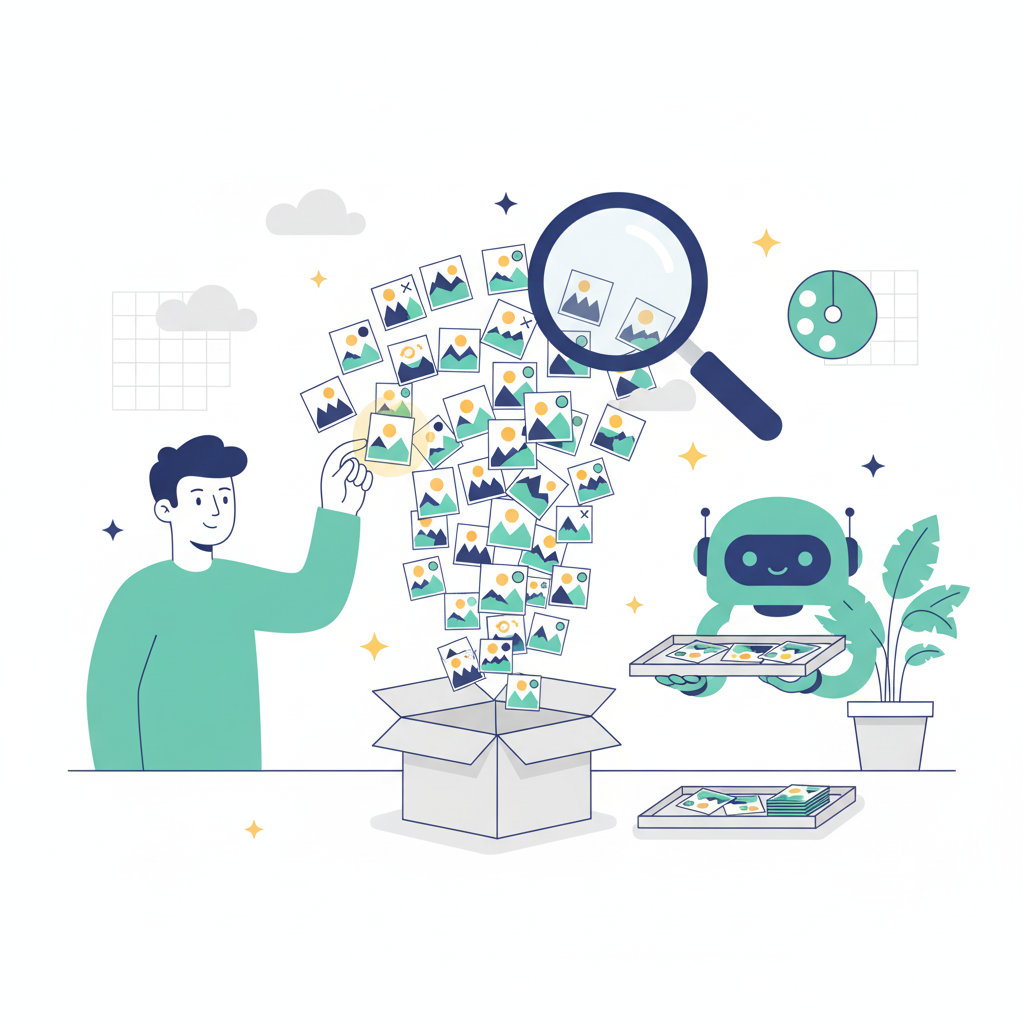 Illustration of a person picking one image from a fountain of AI-generated options while a robot assistant holds a tray of selections